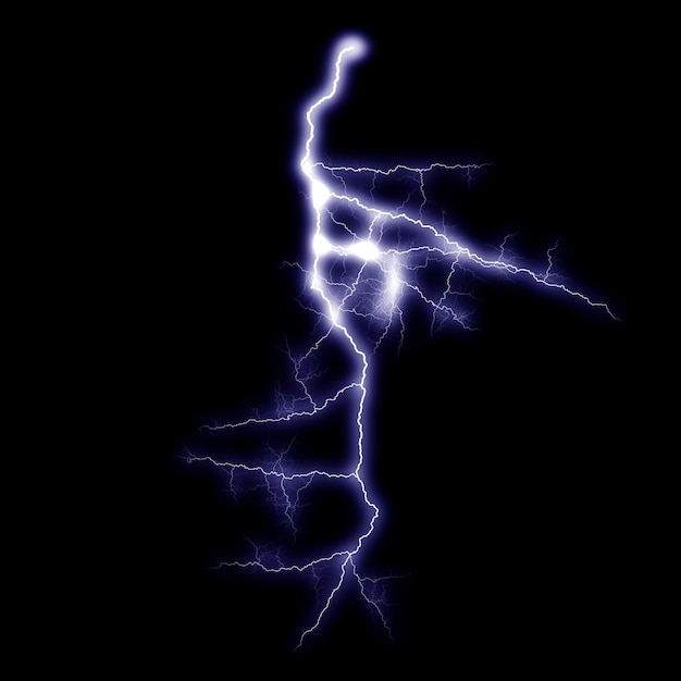 Photo isolated realistic electrical lightning strike visual effect on black night background