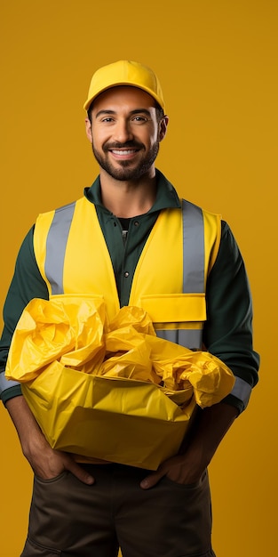 Isolated Recycling Worker on Plain Yellow Background Illustration