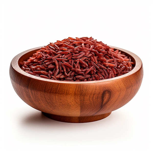 Isolated Red Rice in a Wooden Bowl on White Background