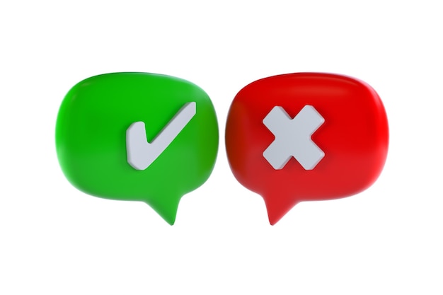 Photo isolated of right and wrong icon inside bubble message on white background of green check mark and cross mark by 3d rendering.