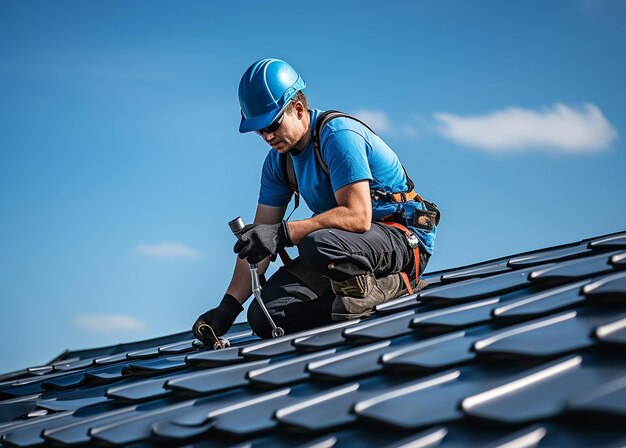 Isolated Roofer on Plain Blue Background Illustration