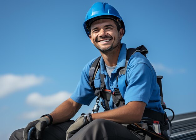 Isolated Roofing Laborer on Blue Background