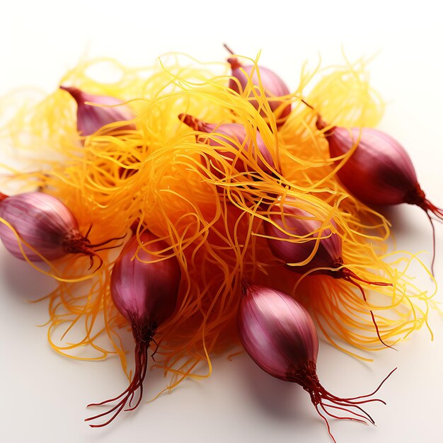 Isolated of saffron strands showcasing their delicate thread top view shot on white background