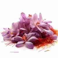 Photo isolated of saffron type of herb crocus sativus form of herb dried stigm on white background blank