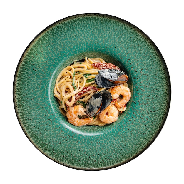 Isolated seafood spaghetti pasta with shrimp