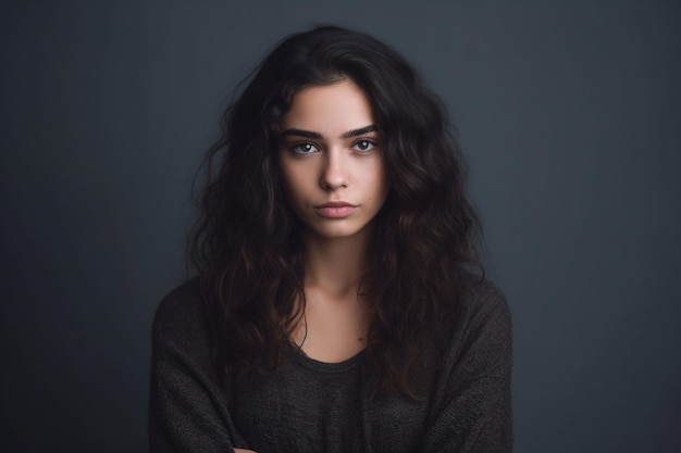 Isolated serious smiling young woman on grey background