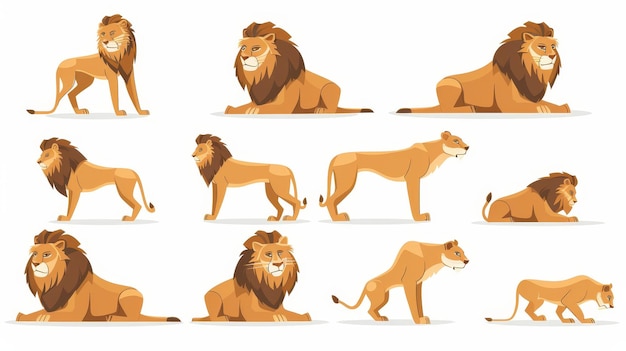 An isolated set of lion wild african animals A powerful lion in different poses This majestic lion is posing standing sitting lying hunting stretching his body a zoo park predator