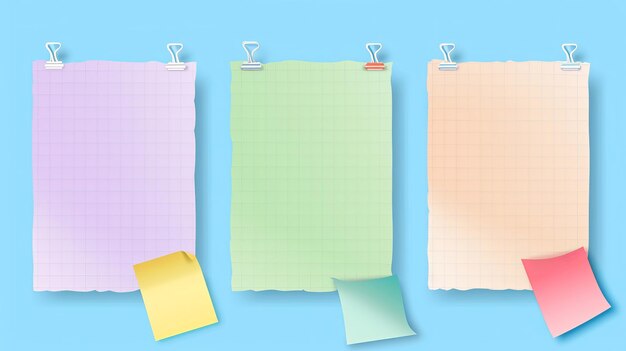 An isolated set of paper notes on a background with color sticky tape reminder message todo list and schedule sheet