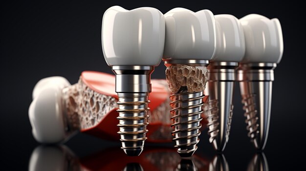 Photo isolated set of white teeth and dental implant