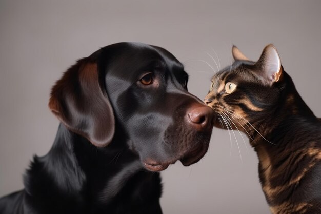 Isolated shot of a calico cat touching a chocolate labrador retriever dog with its nose