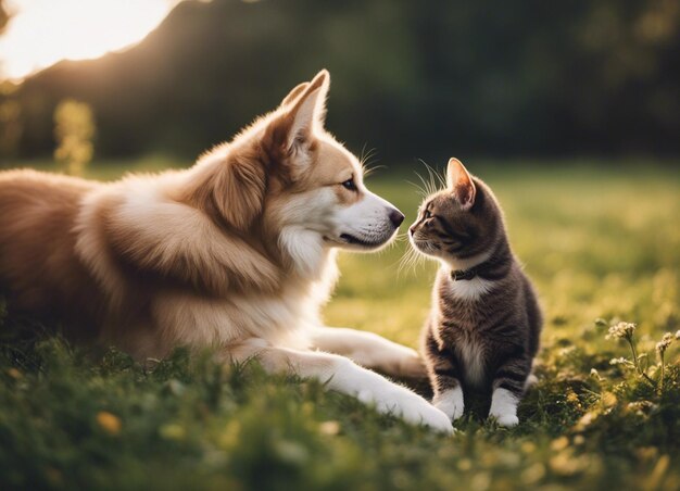 A isolated shot of a dog snuggling with a cat in garden