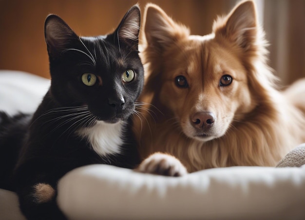 A isolated shot of a dog snuggling with a cat in garden