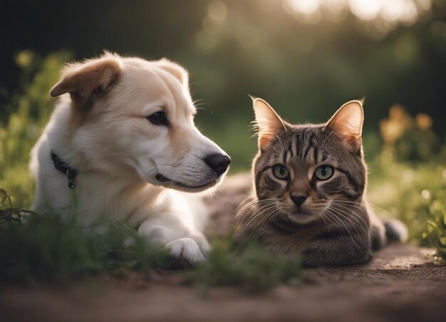 A isolated shot of a dog snuggling with a cat in garden