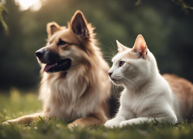 A isolated shot of a dog snuggling with a cat in garden