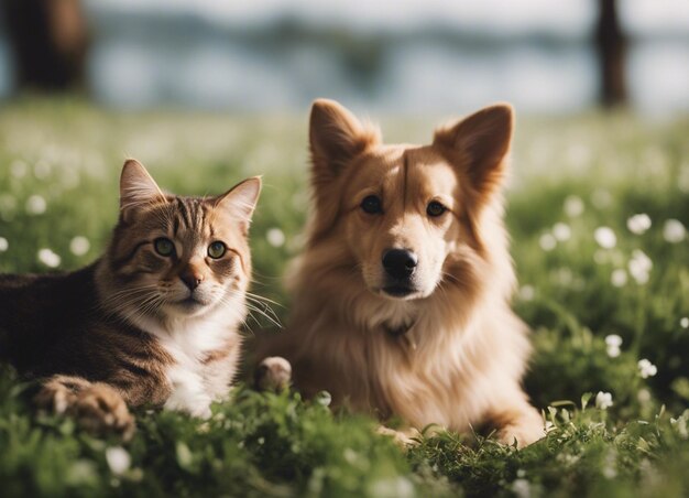 A isolated shot of a dog snuggling with a cat in garden