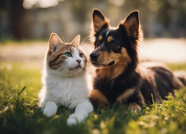 A isolated shot of a dog snuggling with a cat in garden