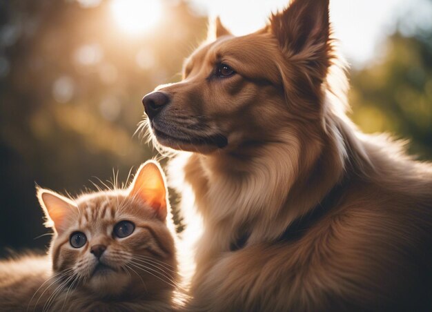 Photo a isolated shot of a dog snuggling with a cat in garden