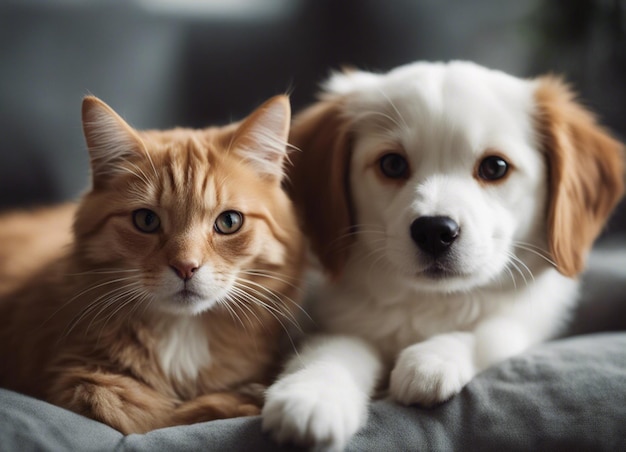 Photo a isolated shot of a dog snuggling with a cat in garden