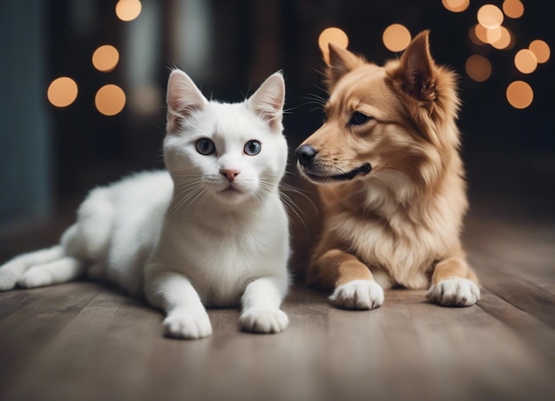 A isolated shot of a dog snuggling with a cat in garden