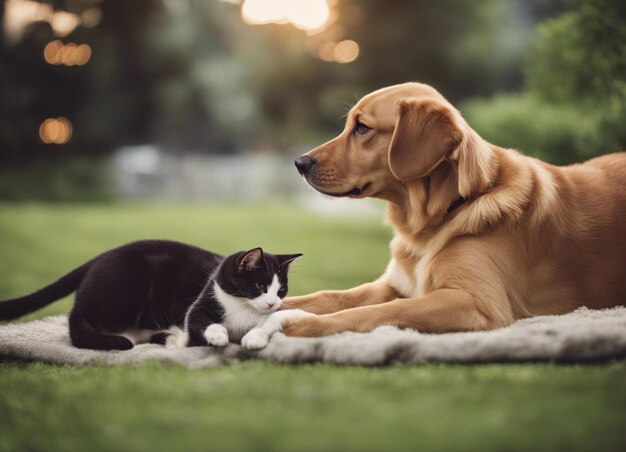 Photo a isolated shot of a dog snuggling with a cat in garden