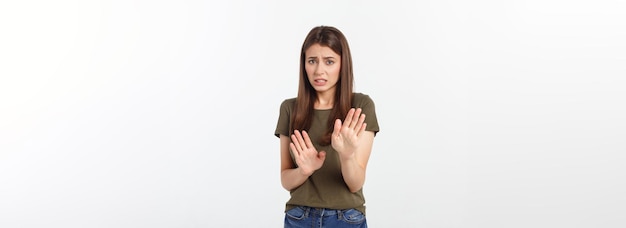 Isolated shot of speechless concerned shocked and angry woman expressing silence and misconceptions