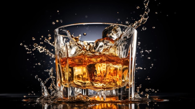 Isolated shot of whiskey with splash on dark background