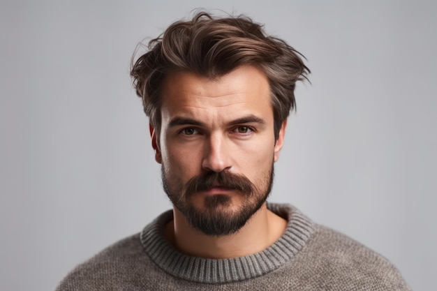 isolated shot of young handsome male with beard mustache and trendy hairdo wears casual grey sweater