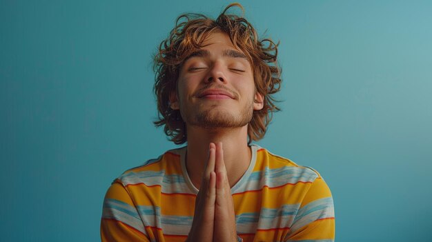 Photo an isolated shot of a young happy man in a striped shirt and casual clothes waiting for the special moment making a wish with his fingers crossed and keeping his eyes closed was isolated on a light