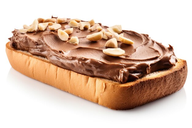 Photo isolated slice of bread with chocolate hazelnut cream on white background