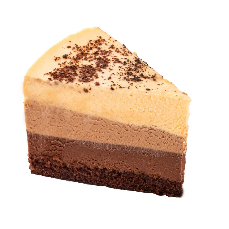 Photo isolated slice of three chocolates cheesecake on the white abckground