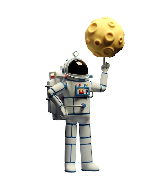 isolated spaceman in spacesuit twirls the moon on his finger