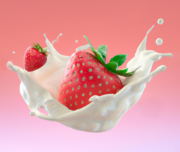 3D スタイルで牛乳に飛び散る孤立したイチゴ