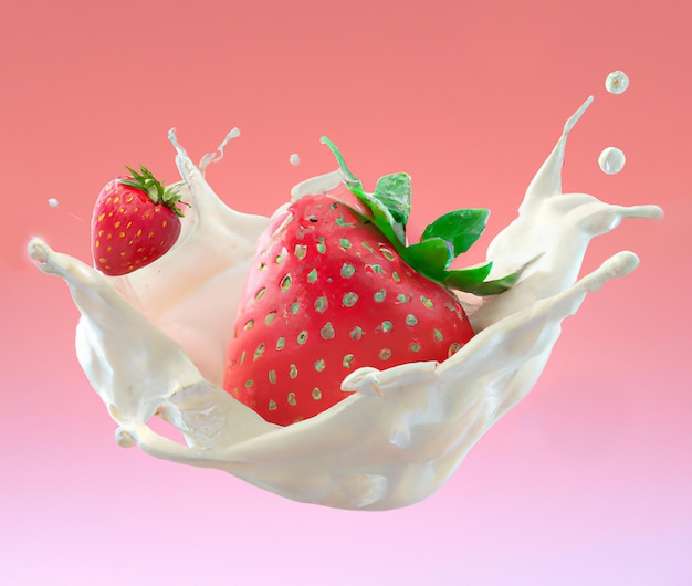 An isolated strawberry splashing on milk in 3D style