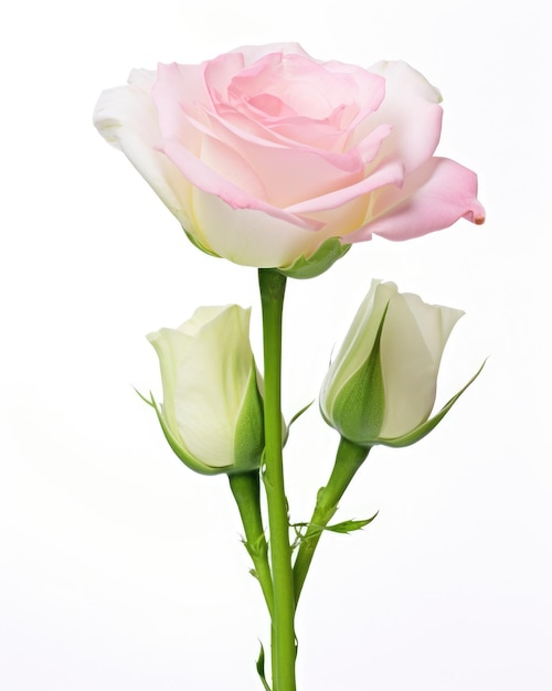 Isolated Studio Shot of Pale Light Pink Eustoma Flower with Blooming Bud and Green Leaves on White