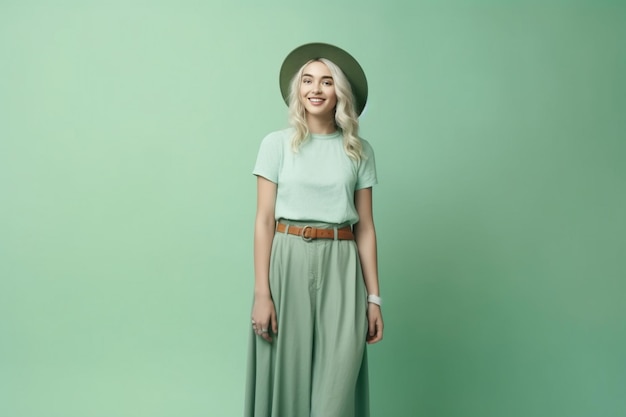 Isolated stylish happy smiling woman in full growth on mint background