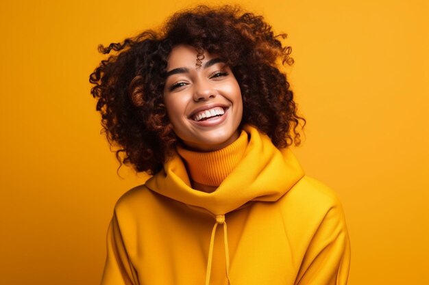 isolated stylish smiling woman on yellow background