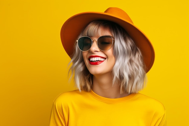 Isolated stylish smiling woman on yellow background