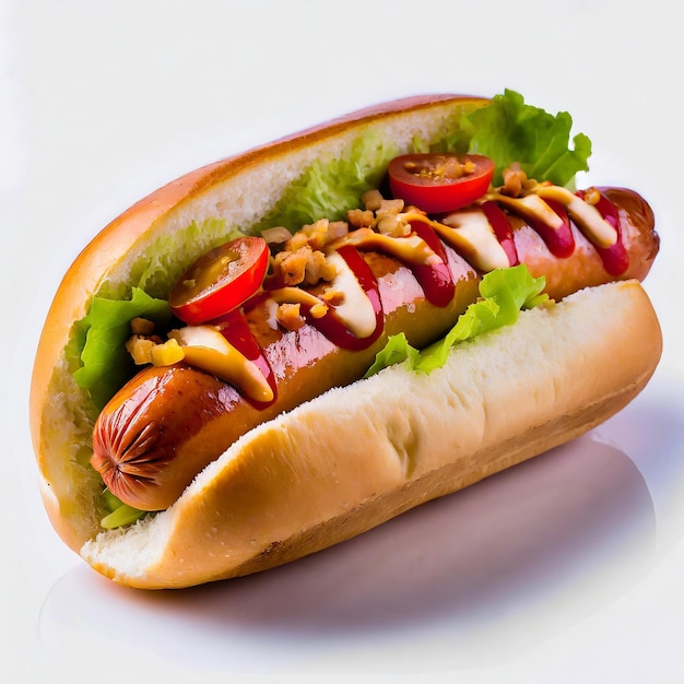 Isolated temptation grilled meat and veggie hot dog temptingly displayed on a blank white canvas