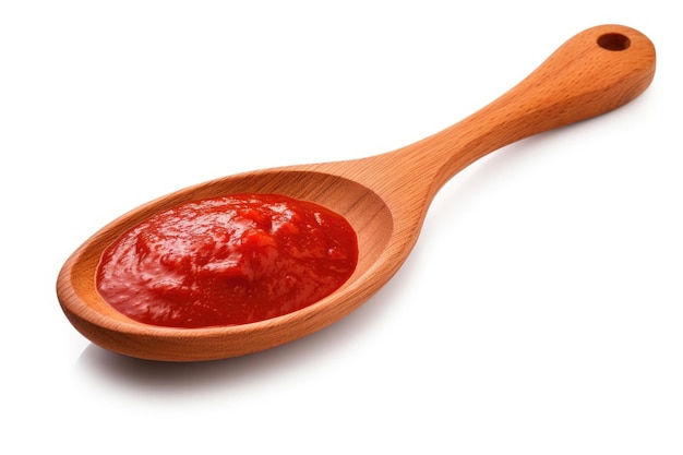 isolated tomato paste and wooden spoon on white background