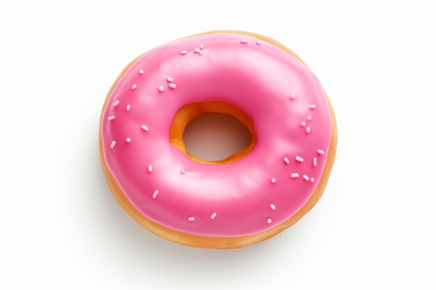 Photo isolated top view of pink glazed donut on white background