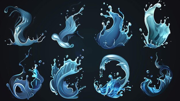 Photo isolated on transparent background are water splashes blue liquid waves with swirls and drops modern realistic set of flowing and falling clear pure aqua fluid splashes isolated on transparent