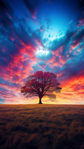 Isolated tree on colorful sky background