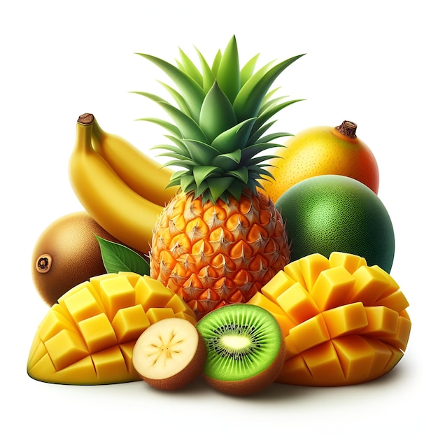 Foto frutti tropicali isolati ananas banana kiwi e mango isolati su sfondo bianco