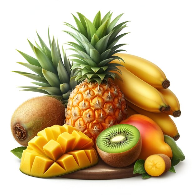 Foto frutti tropicali isolati ananas banana kiwi e mango isolati su sfondo bianco