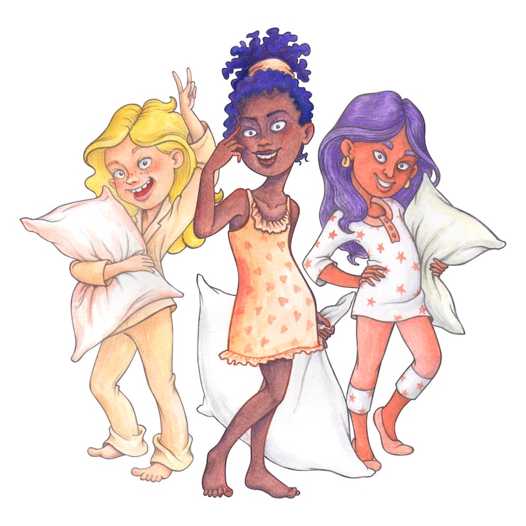 Photo isolated tshirt composition with cartoon school age girls in loungewear and pajamas with pillows