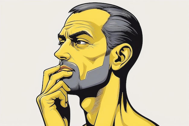 The isolated vector yellow pondering thinking or deep in thought face with index finger resting on i