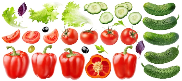 Isolated vegetables collection. Tomato, cucumber, bell pepper, olives, basil, parsley, lettuce isola