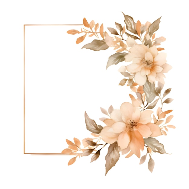 Photo isolated watercolor beige flower and leaves frame on a white background highresolution