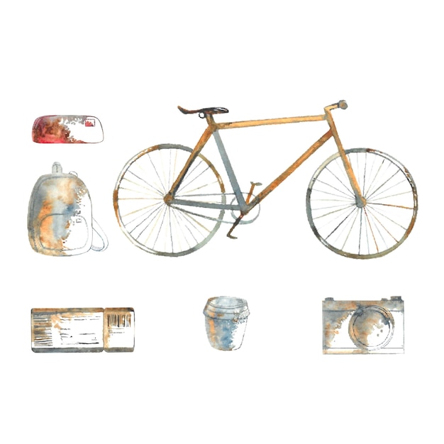 Isolated watercolor hand drawn set for travel bike camera plane ticket bag backpack pencil case cosmetic bag coffee cup to go thermo mug illustration in retro colors