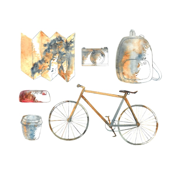 Isolated watercolor hand drawn travel set bike camera city map bag backpack pencil case cosmetic bag coffee cup to go thermo mug illustration in retro colors